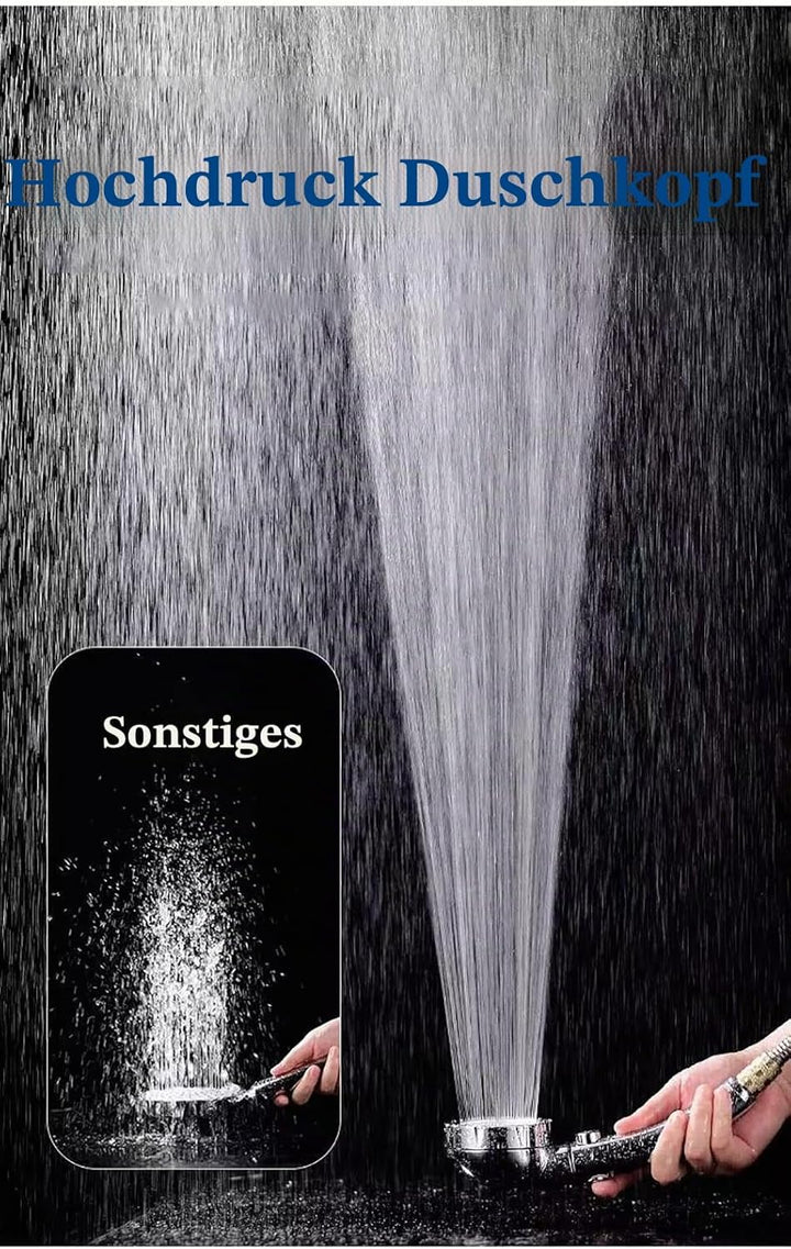Hochdruck Duschkopf mit 2m Schlauch, 3 Strahlarten Wassersparender Handbrause Mit Stoppfunktion, Dus