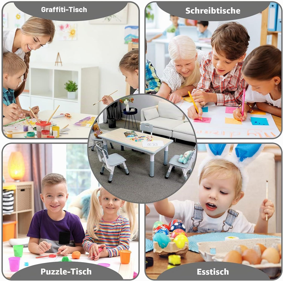 Clevich Kindertisch mit 4 Stühlen, Tisch Stuhl Set Höhenverstellbar,Kindertischgruppe für Kinderzimm