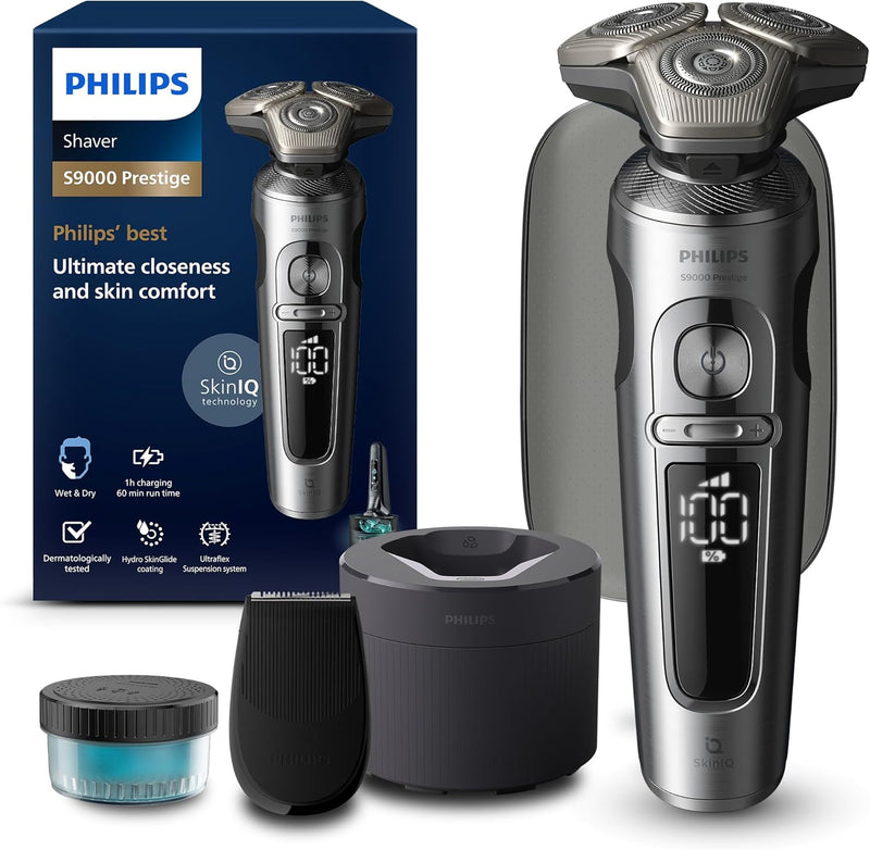 Philips Shaver S9000 Prestige, elektrischer Nass- und Trockenrasierer, helles Chrom, Lift & Cut-Rasi