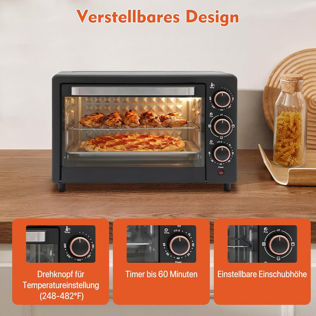 1000W Minibackofen 22L Kompakter Mini Backofen mit Grillpfanne &amp; Grillrost, 4 Heizrohre, Miniofen fü