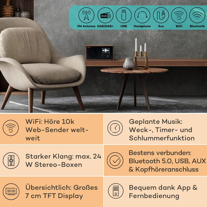 auna Silver Star Mini - Internetradio, WLAN Radio, Two Internet DAB+/FM Radio, Webradio mit WiFi, BT