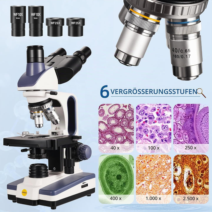 SWIFT SW350T Trinokulares biologisches Mikroskop 40–2500× mit EC5R 5‑MP USB-Okular, 1 W LED, Abbe‑Ko