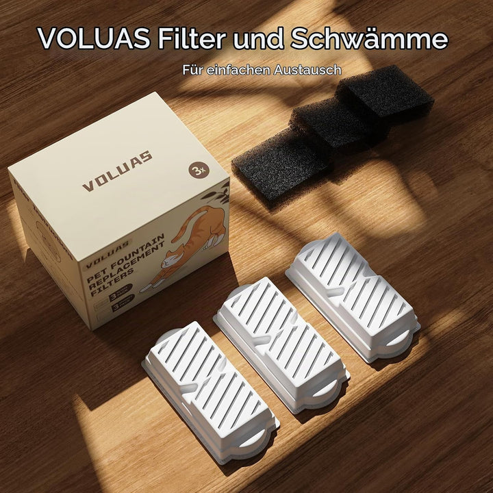 VOLUAS Filter für Katzenbrunnen – 6 Aktivkohlefilter + 6 Vorfilter-Schwämme – Kompatibel mit 2,2L Ke