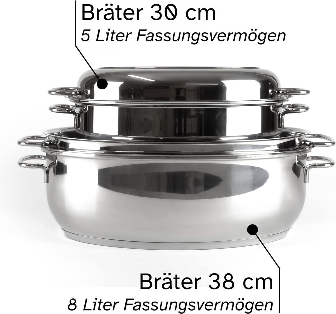 HWD Töpfe Pfannen Bräter mit Deckel für Induktion, 18/10 Edelstahl poliert, Deckel, Thermoknauf, Gar