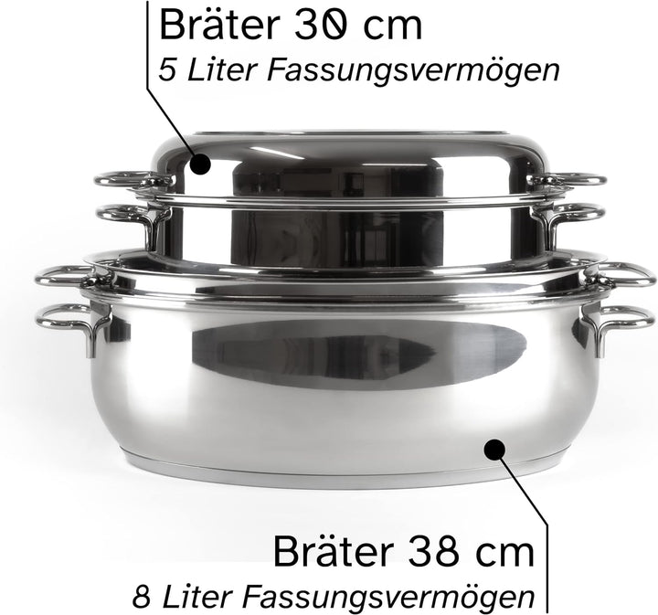 HWD Töpfe Pfannen Bräter mit Deckel für Induktion, 18/10 Edelstahl poliert, Deckel, Thermoknauf, Gar