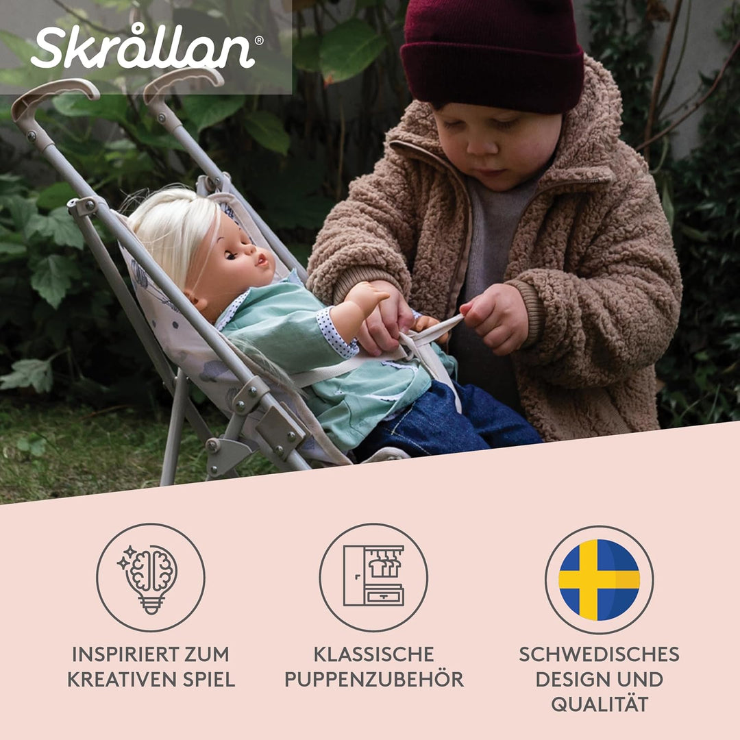 Skrållan Puppenbuggy ab 3 Jahre - 53cm grosser Klappbuggy mit Sicherheitsgurt und waschbarem Bezug -