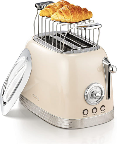 Wiltal Toaster 2 Scheiben, Retro, mit Brötchenaufsatz, mit Deckel aus Edelstahl, Vorheiz-, Auftau- u