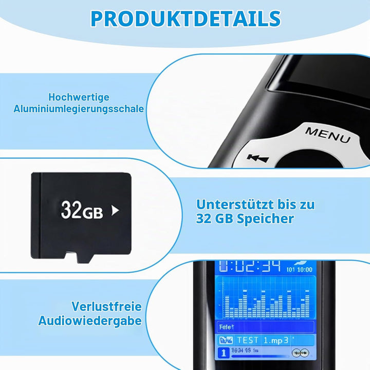 32GB MP3-Player/MP4-Player, Speicher, Verlustfreier Klang, HD Lautsprecher, Sprachrekorder, 1,8 Zoll