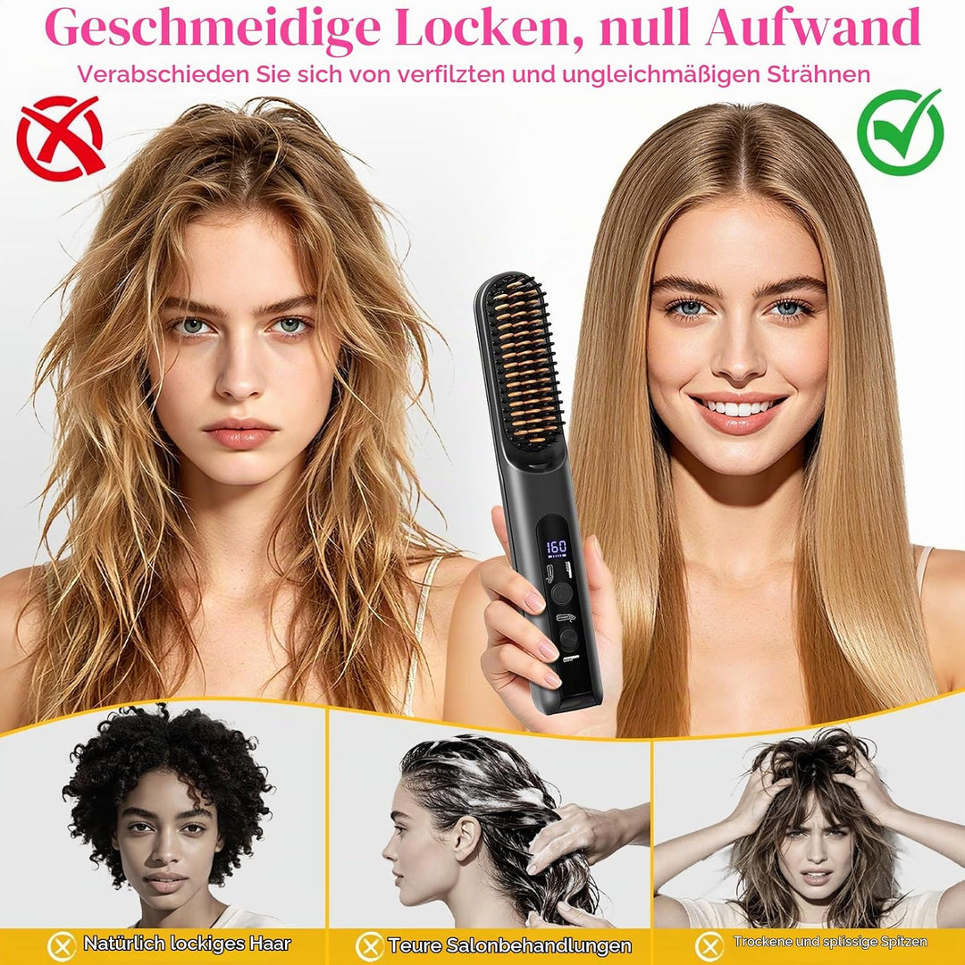 Tragbarer beheizbarer Reisekamm für Frauen, kabellose Haarglätterbürste, 2-in-1-Bürste zum Glätten u