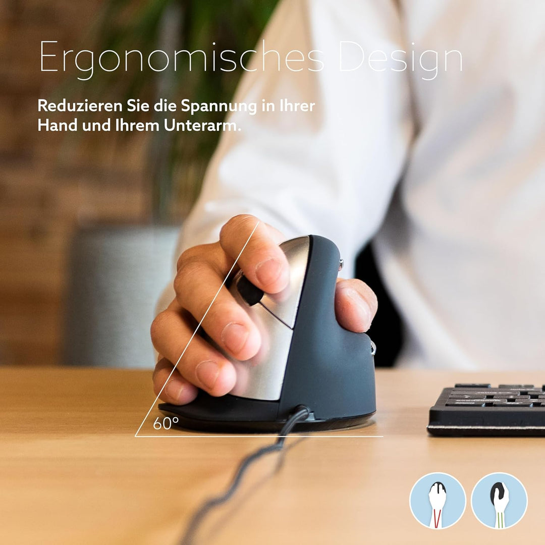 R-Go HE Ergonomische Maus, Für grosse Hand, Mit Break-Software, Stilles Klicken, (USB C Kabelkabelge