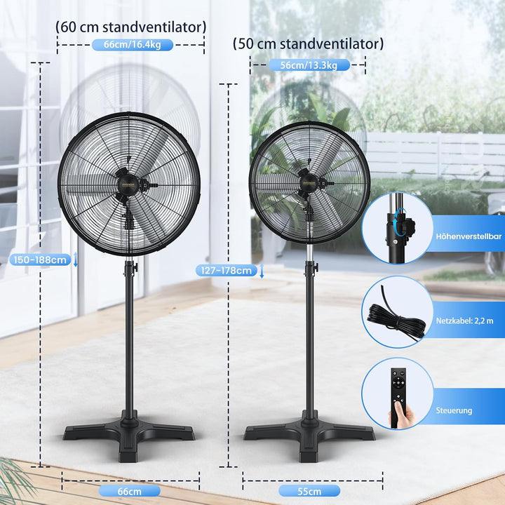 Industrieller Outdoor-Standventilator 60 cm mit Fernbedienung, BLDC Motor (bürstenlos), 90° Oszillat