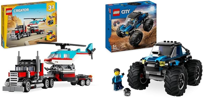 LEGO Creator 3in1 Tieflader mit Hubschrauber, Fahrzeuge-Set & City Blauer Monstertruck, Offroad-Auto