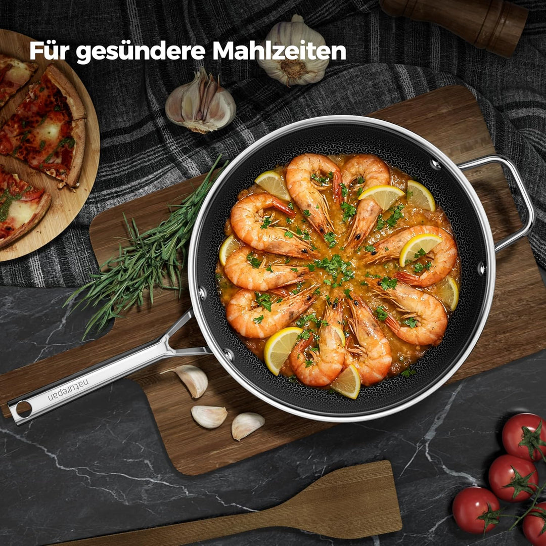 28cm Wokpfanne mit Deckel | DiamondTitan-Hybrid Keramikbeschichtung Wabenpfanne | Antihaft-Wabenstru