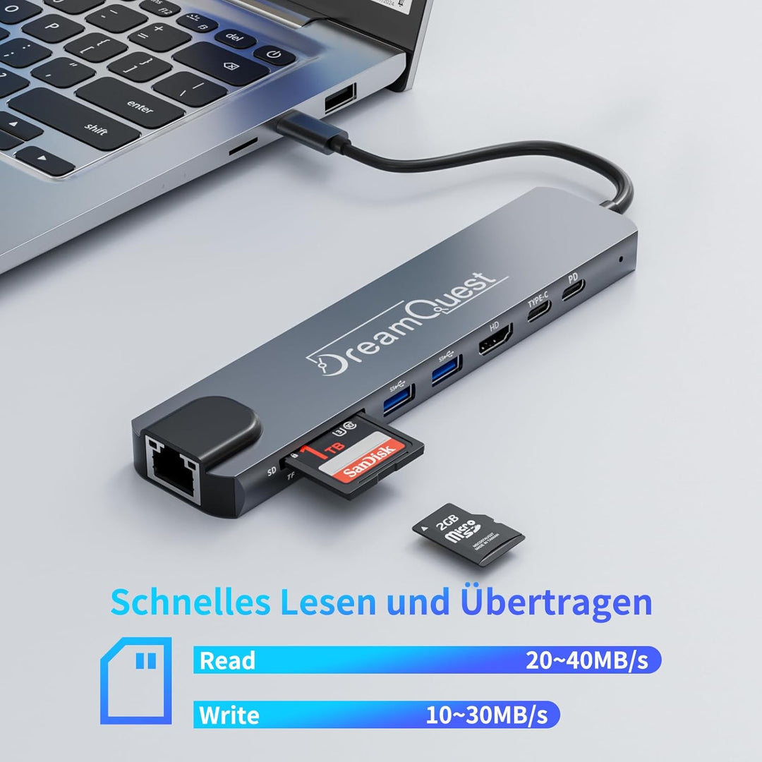 DreamQuest USB-C Hub 8-in-1 mit 100Mbps LAN-Anschluss, 4K HDMI, PD 65W, USB 3.0/2.0, SD/TF Kartenles