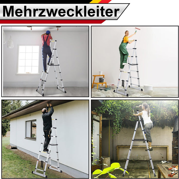 1.7+2M Teleskopleiter Klappleiter, Rutschfester Aluleiter Mehrzweckleiter Ausziehbare Leiter, A-Rahm