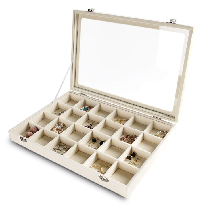 Frebeauty Schmuck Organizer Tablett mit klarem Deckel 24 Gitter Samt Schublade Einsatz Schmuck Aufbe