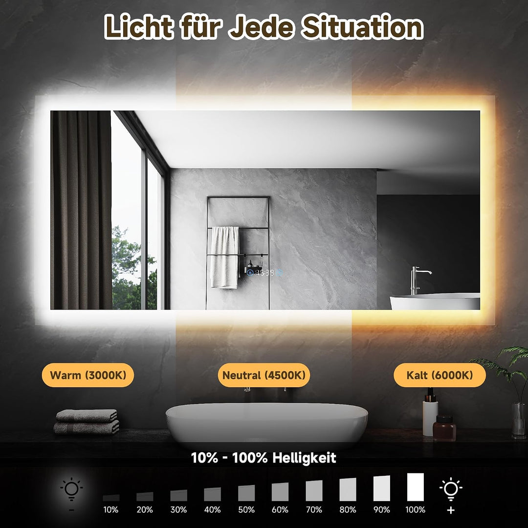 SONNI LED Badspiegel 120x60 cm, Touchschalter mit Uhr & Temperatur, 3 Lichtfarben für Make-up, Antib