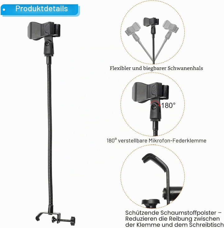 PATIKIL 18,5" Schwanenhals-Tischmikrofonständer, flexibler Arm-Tischmikrofonständer mit Clip, 3/8" b