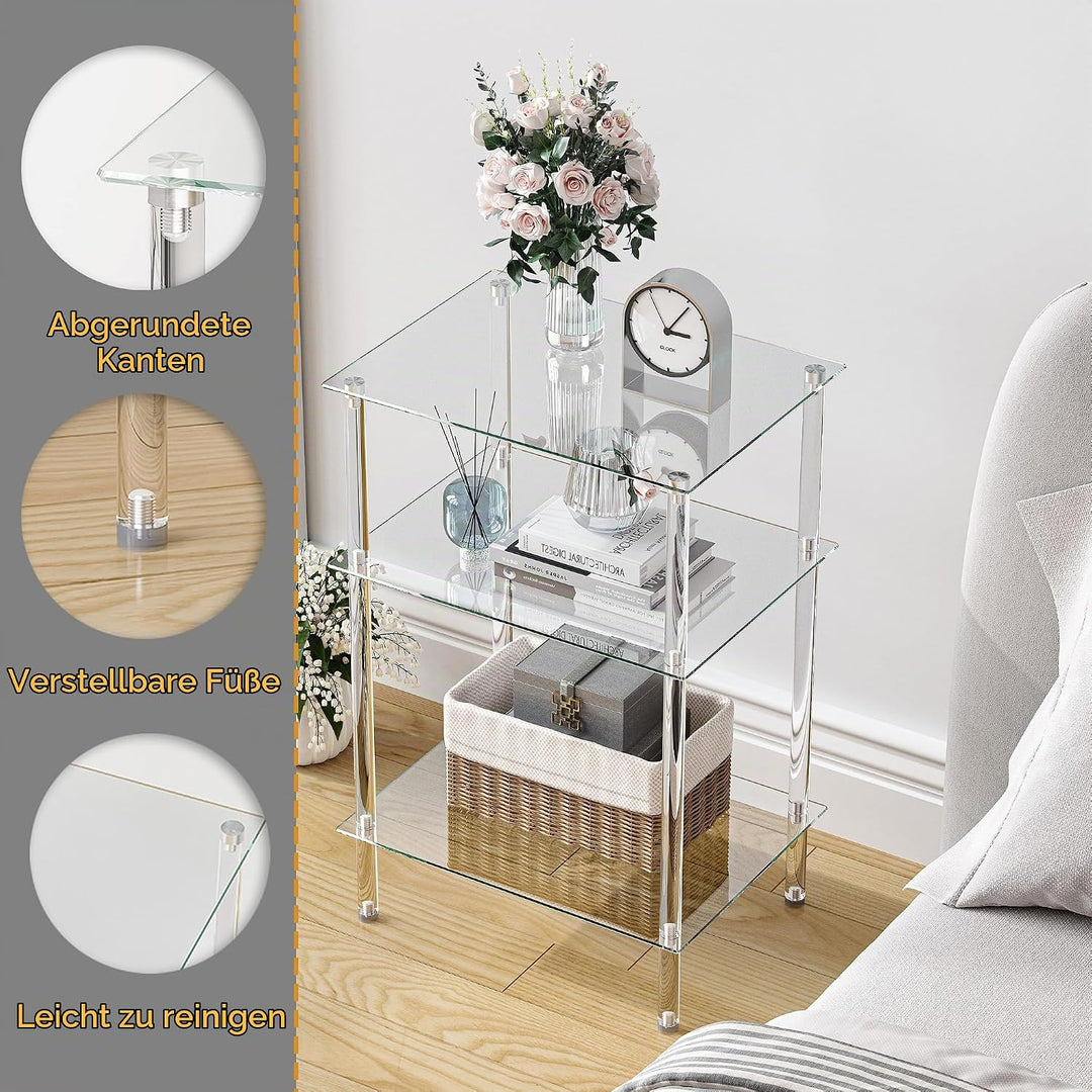 Moderner Beistelltisch Glas Eckig Transparenter Tisch mit 3 Ablagen Nachttisch Glastisch Side Table