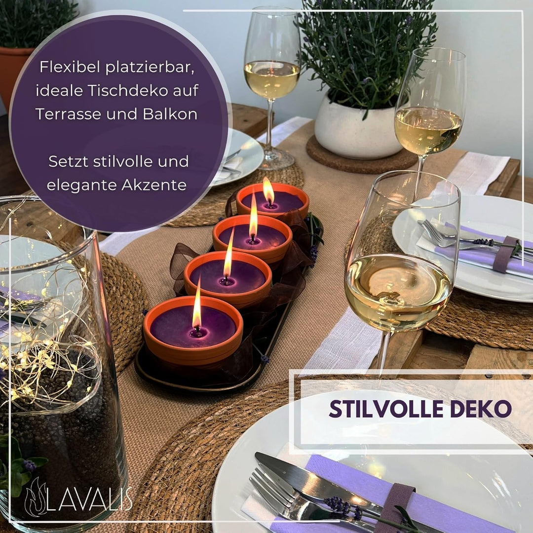 Lavalis 4X Lavendel Kerze mit Duft in Terrakotta-Schale, Alternative zu Citronella-Kerze, Handbefüll