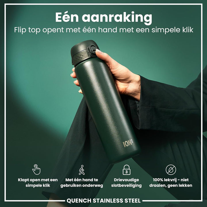 Ion8 1 Liter Edelstahl Trinkflasche, Auslaufsicher, Einhandöffnung, Sichere Verriegelung, Spülmaschi