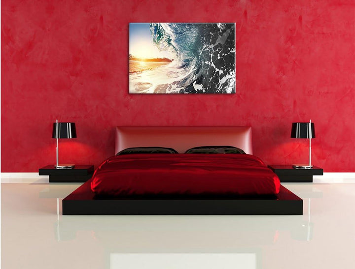 Pixxprint Riesen Welle bei Sonnenaufgang B&W Detail, Format: 100x70 auf Leinwand, 100x70