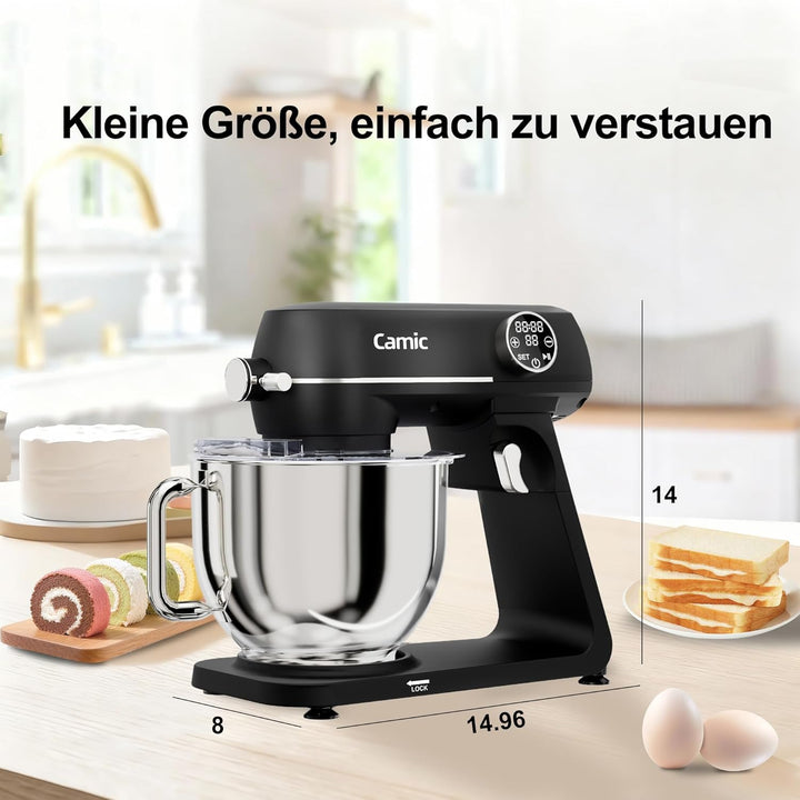 Camic Küchenmaschine 1800W, Knetmaschine aus Vollmetall mit 10 Stufen, digitaler Touchscreen, Timer,