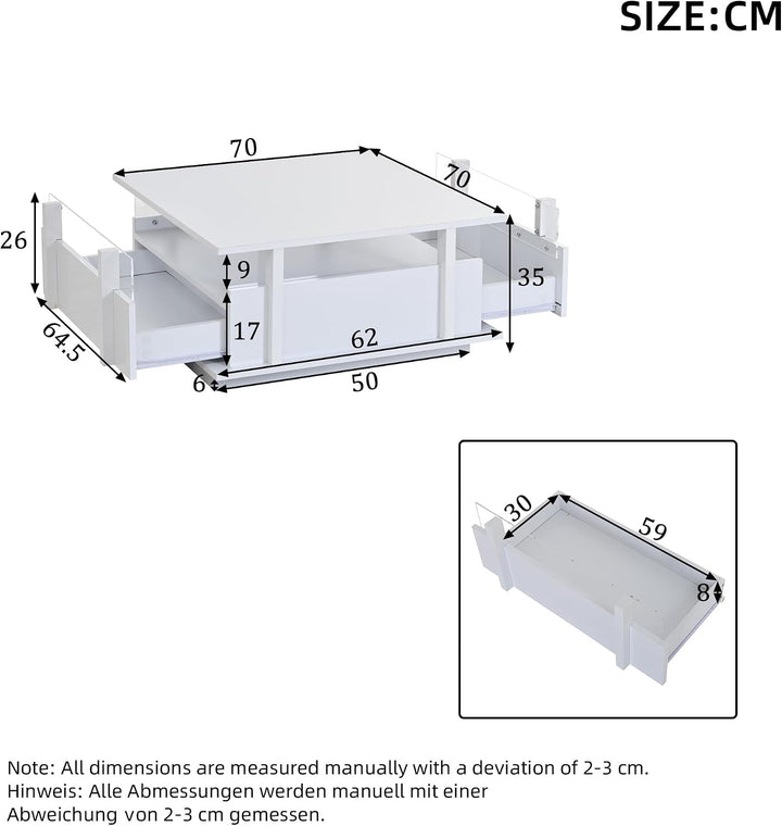 okwish Couchtisch Hochglanz,Sofatisch mit Zwei Schubladen und LED-Beleuchtung,Wohnzimmertisch,Quadra
