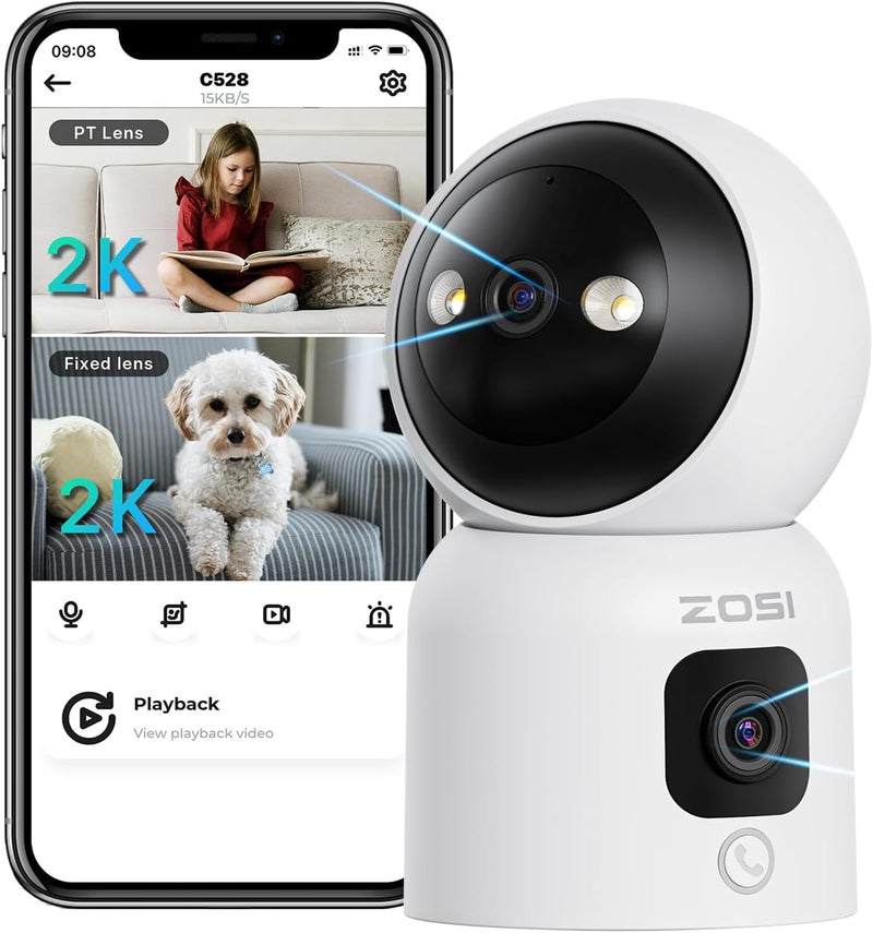 ZOSI Überwachungskamera Innen mit Dual-Objektiv 3MP+3MP, 2,4/5G WLAN, Taste/OK-Geste-Anruf, KI Perso