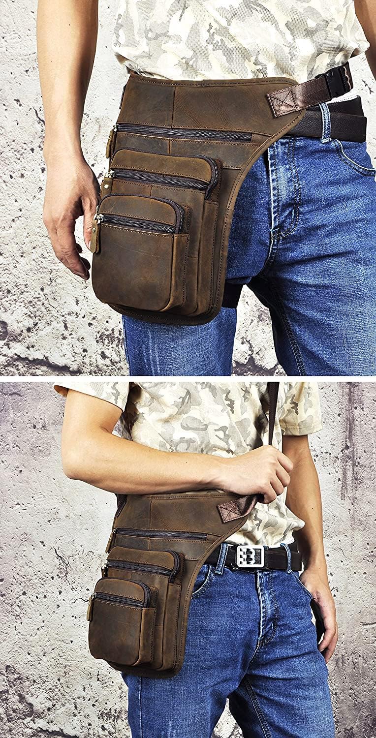 Le'aokuu Herren Echtes Leder Motorrad Taktik Gürtel Hüfttasche Drop Leg Cross Over Bag
