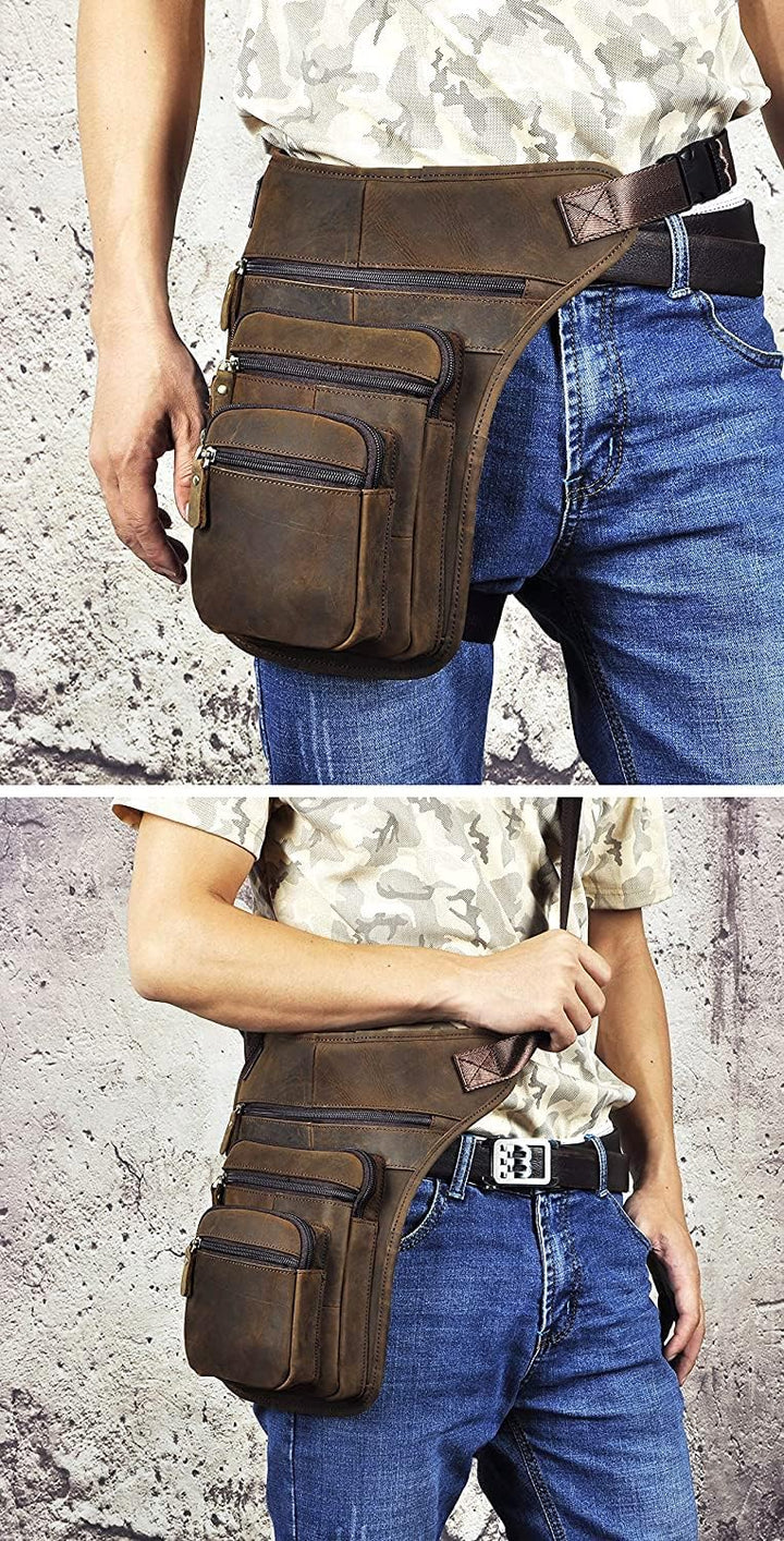 Le'aokuu Herren Echtes Leder Motorrad Taktik Gürtel Hüfttasche Drop Leg Cross Over Bag