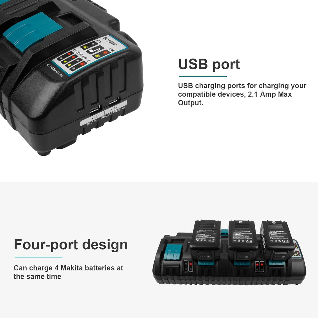 DC18SF 14,4V-18V Ladegerät für Makita Akku ASUNCELL 3A 4 Port Ersatz Ladegerät für Makita LXT DC18RD