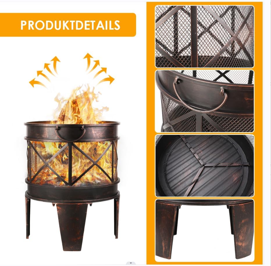 Feuerschale 58 x 42 cm, Feuerkorb, Feuerschale Rund in Antik-Rost-Optik, Kamin mit Griff und Schürha