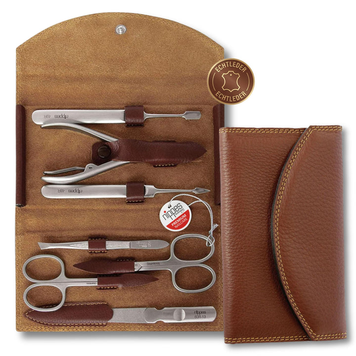 nippes Solingen Classic Premium-Maniküre Set, 7-teilig, Echtes Rindsleder-Nageletui, braun, Edelstah