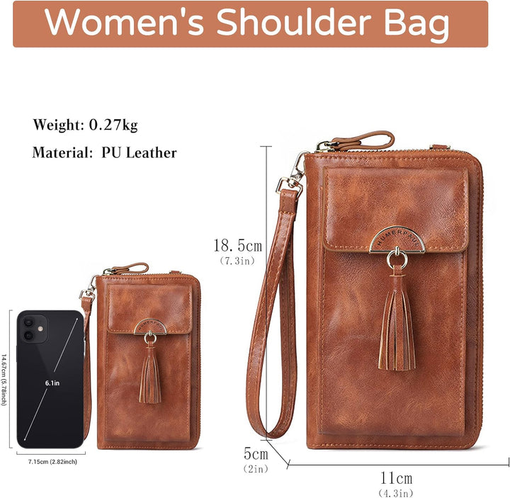 PORRASSO Geldbörse Damen Umhängetasche Portemonnaie Leder Geldbeutel Wristlet Bag mit Viele Fächer M