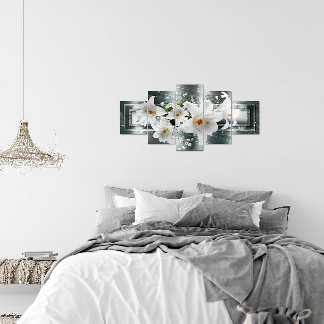 Runa Art Wandbilder Blumen Lilien 5 Teilig Bild auf Vlies Leinwand Deko Wohnzimmer Abstrakt Grau Grü