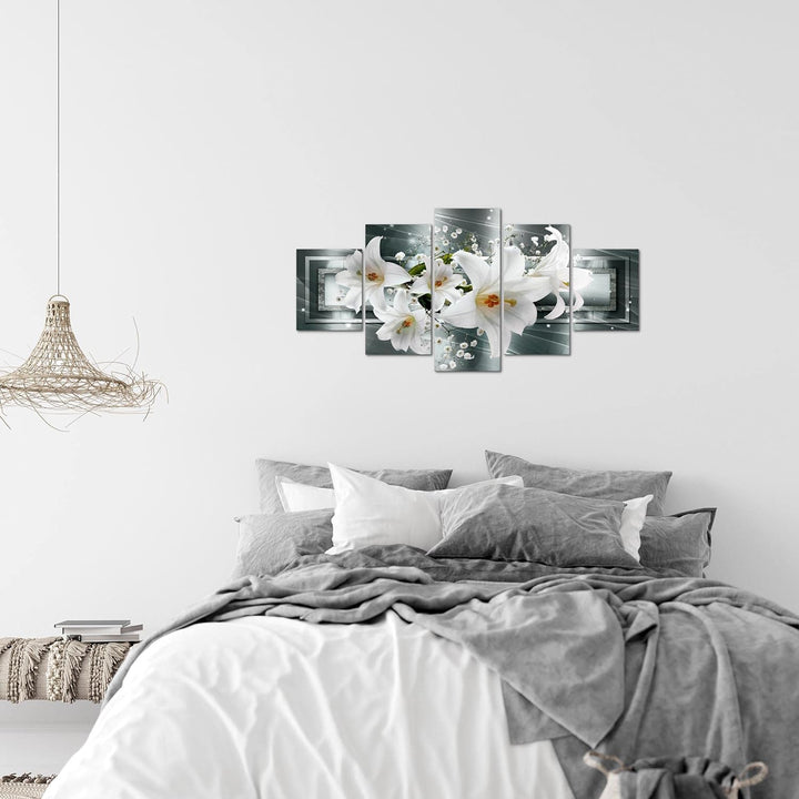 Runa Art Wandbilder Blumen Lilien 5 Teilig Bild auf Vlies Leinwand Deko Wohnzimmer Abstrakt Grau Grü