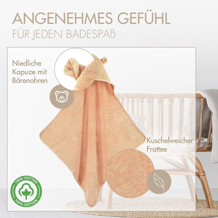 MOYO Kapuzenhandtuch mit Ohren in Puder I 75x75cm I Kleinkind &amp; Baby Badeponcho aus 100% Frottee-Bau