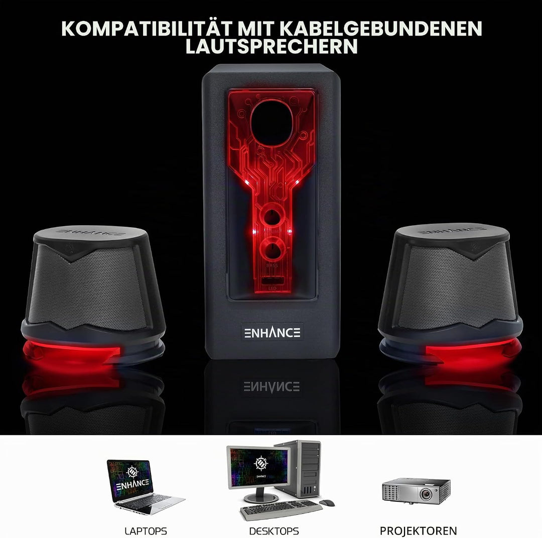 ENHANCE SB 2.1 Computerlautsprecher mit Subwoofer – Rot LED-Gaming-Lautsprecher, High-Excursion-Soun
