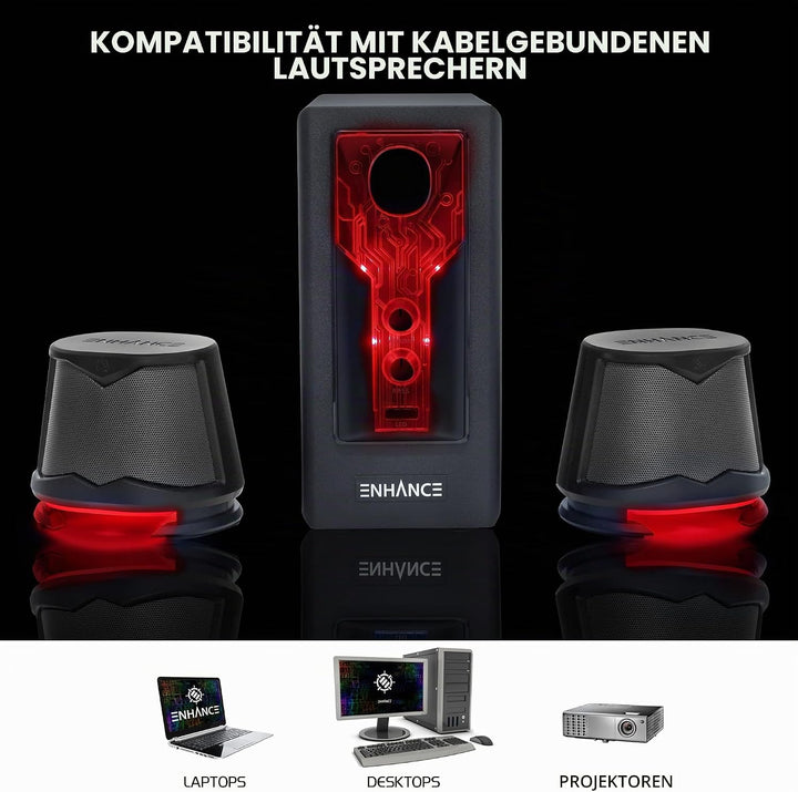 ENHANCE SB 2.1 Computerlautsprecher mit Subwoofer – Rot LED-Gaming-Lautsprecher, High-Excursion-Soun