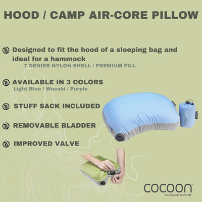 COCOON Air-Core Hood Camp Pillow - aufblasbares Camping- und Reisekissen, Farbe:light blue - hellbla