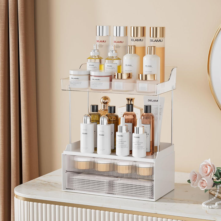 Delamu Make Up Organizer mit 2 Schubladen, 2 Etagen Kosmetik Organizer, Multifunktions Grösser Kosme