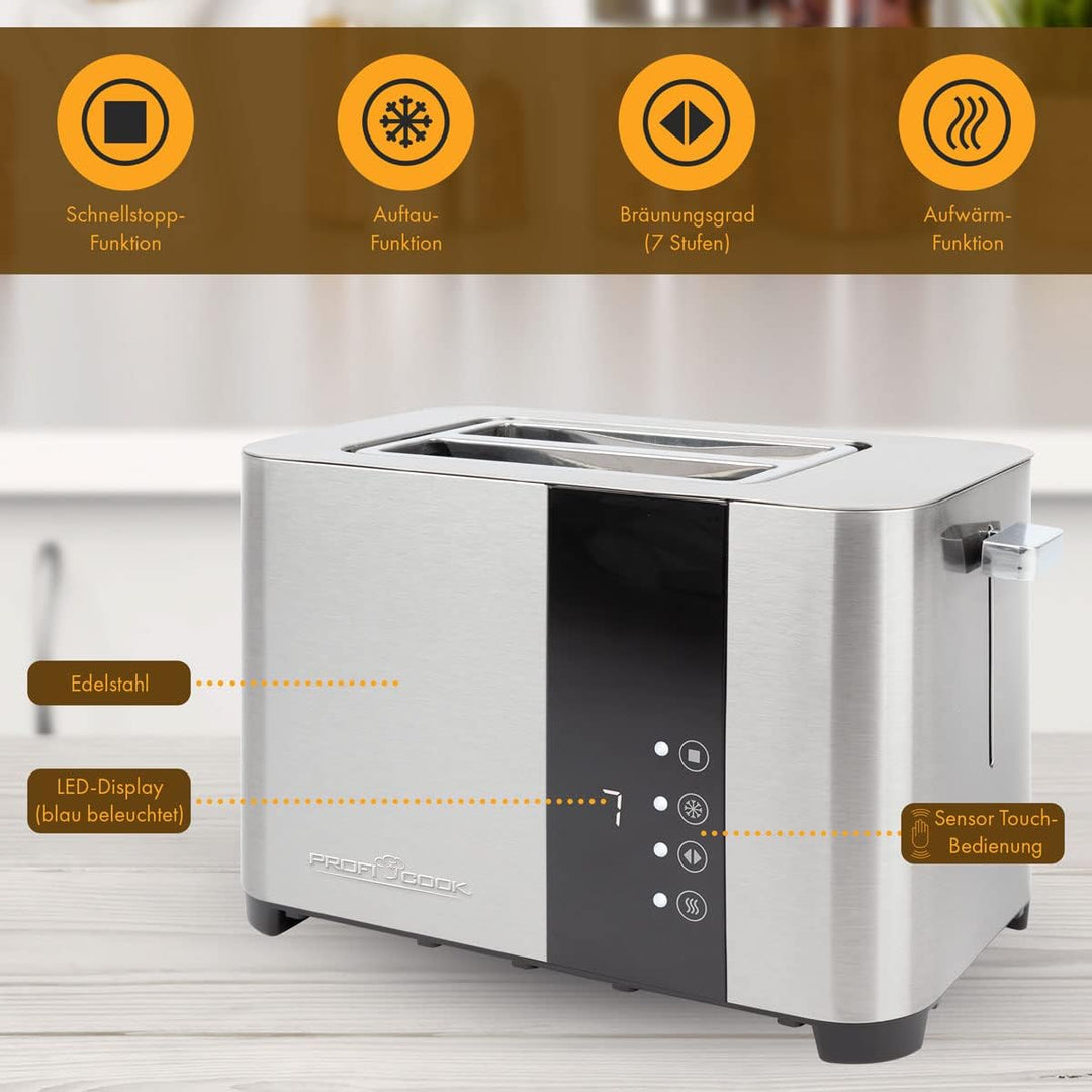 ProfiCook Toaster, Toaster 2 Scheiben mit Sensor Touch Bedienung, Auftau-, Aufwärm-/ Schnellstoppfun