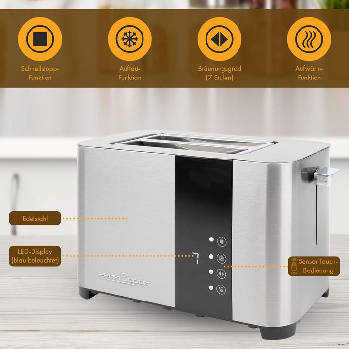 ProfiCook Toaster, Toaster 2 Scheiben mit Sensor Touch Bedienung, Auftau-, Aufwärm-/ Schnellstoppfun