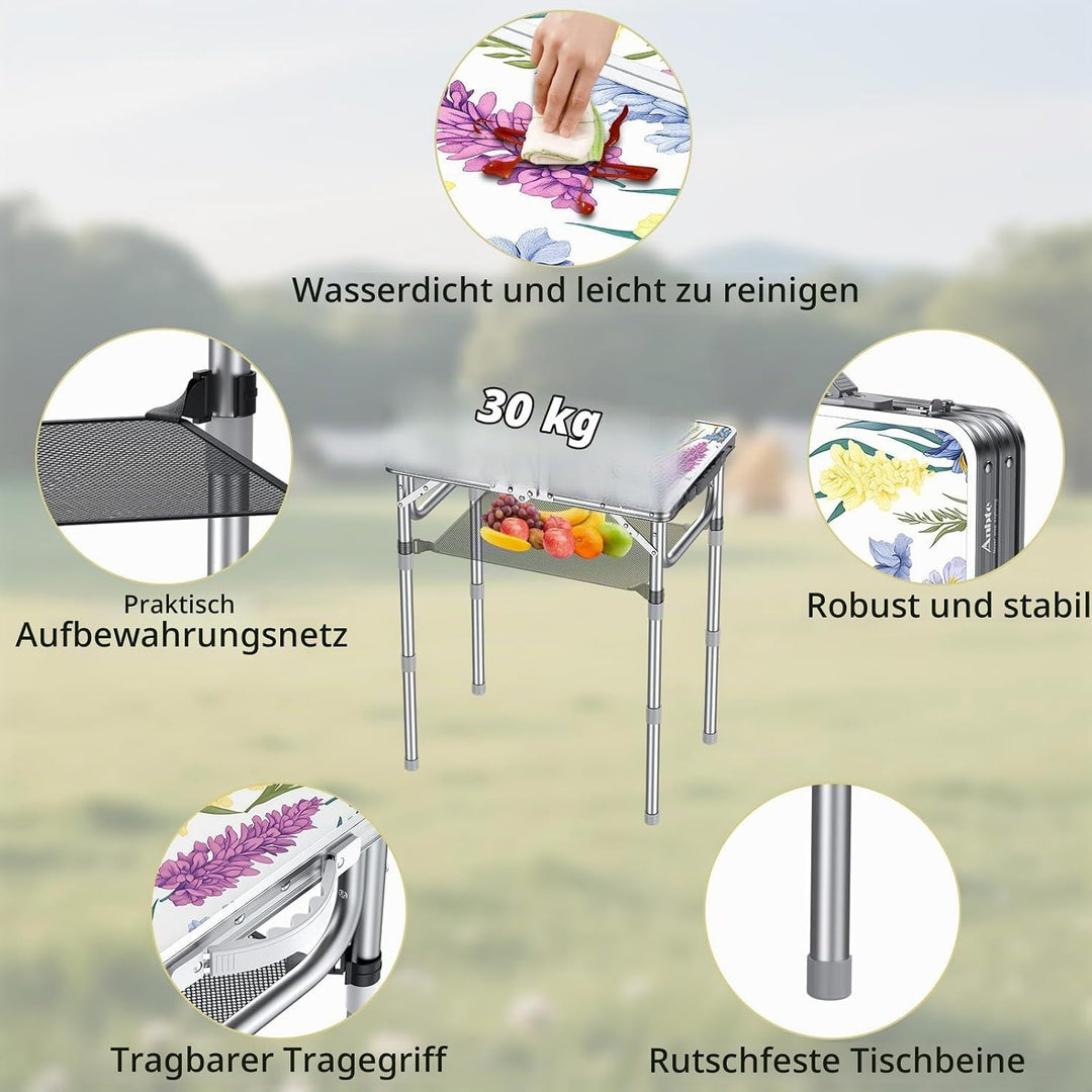 Anbte Campingtisch Klappbar 58x40cm Aluminium-Rahmen Picknicktisch 3 Höhen Verstellbar 26/48/70cm MD