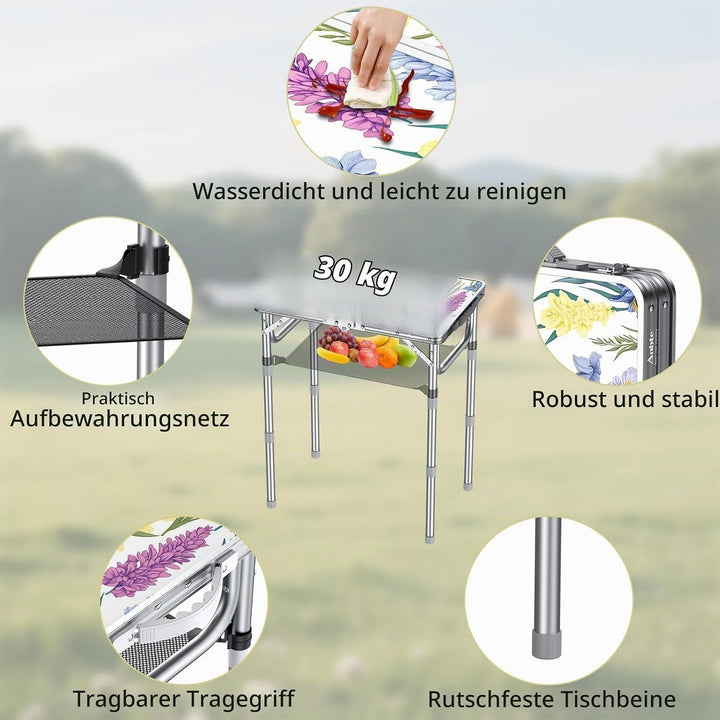 Anbte Campingtisch Klappbar 58x40cm Aluminium-Rahmen Picknicktisch 3 Höhen Verstellbar 26/48/70cm MD