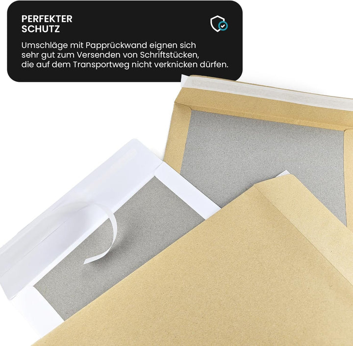 Netuno 25x weisse Versandtaschen DIN B4 mit Papprückwand aus Graupappe 250 × 353 mm 400g haftklebend
