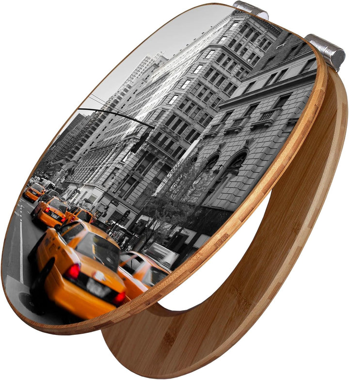 banjado® Design WC Sitz Bambus Absenkautomatik mit Motiv Taxi NY/Toilettendeckel mit Absenkautomatik