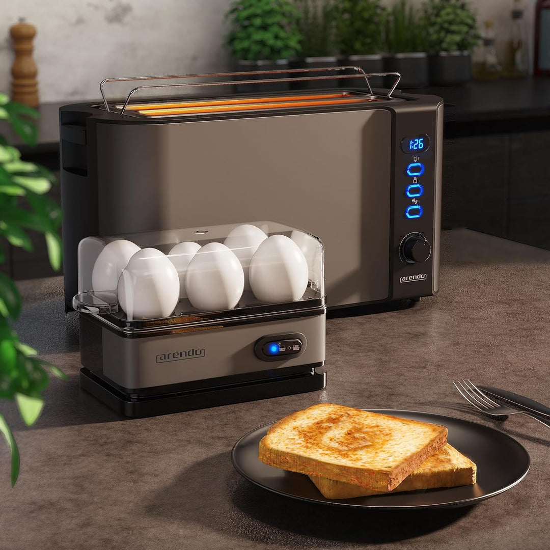 Arendo - SET Eierkocher SIXCOOK mit Toaster FRUKOST Edelstahl Cool Grey, Toaster 4 Scheiben, LED-Dis