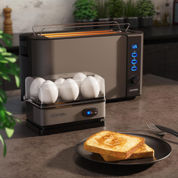 Arendo - SET Eierkocher SIXCOOK mit Toaster FRUKOST Edelstahl Cool Grey, Toaster 4 Scheiben, LED-Dis